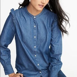 Old Navy Ruffle chambray shoulder denim blouse